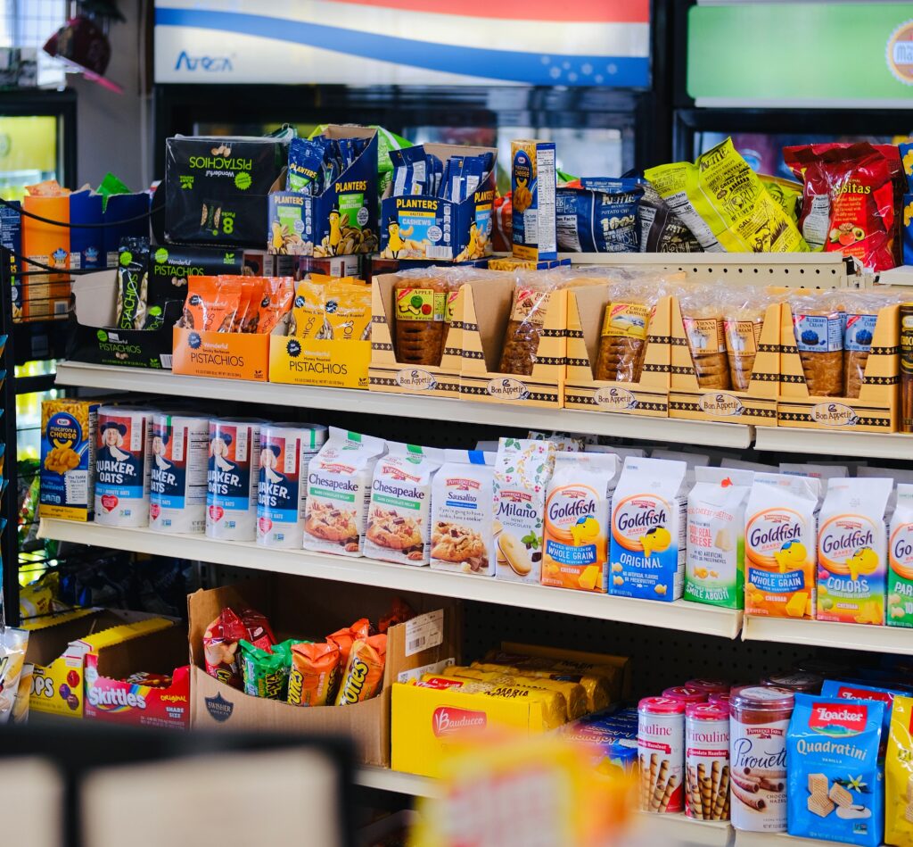 pexels photo 18925018 18925018 A variety of packaged snacks and sweets displayed on store shelves.